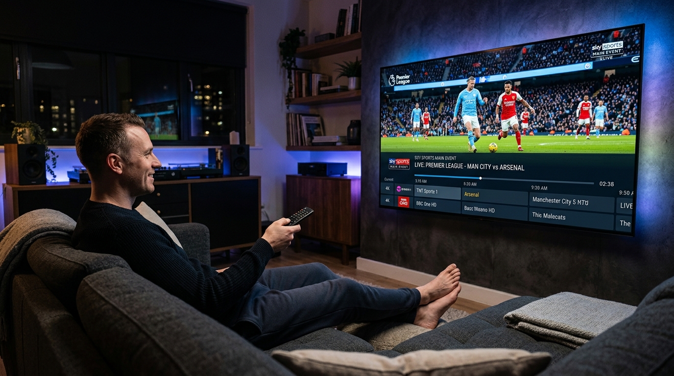 Man watching crystal-clear 4K IPTV live sports on Smart TV from sofa