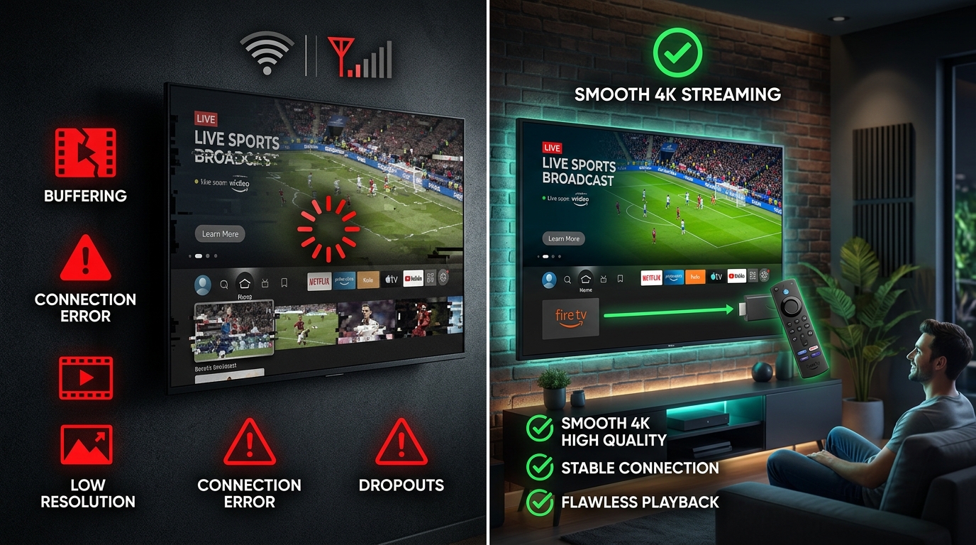 Comparison of bad IPTV with buffering errors vs smooth 4K IPTV streaming on Firestick