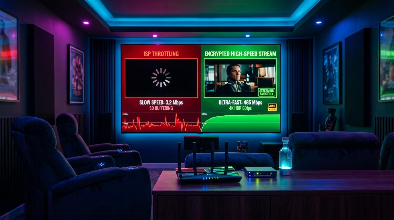 Home theater screen displaying network comparison between slow ISP throttling speed versus high-speed encrypted 4K 60fps stream