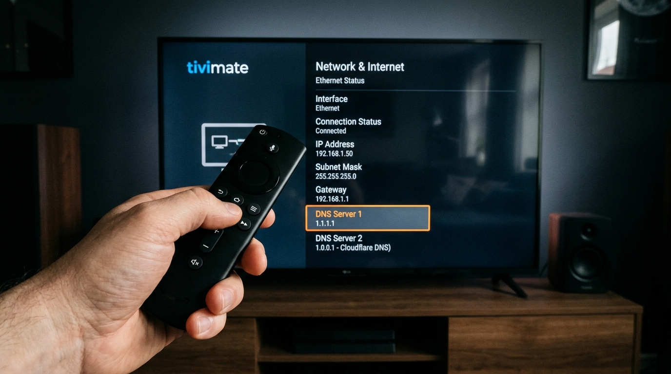 Hand holding Firestick remote configuring Cloudflare DNS 1.1.1.1 settings on TiviMate network screen