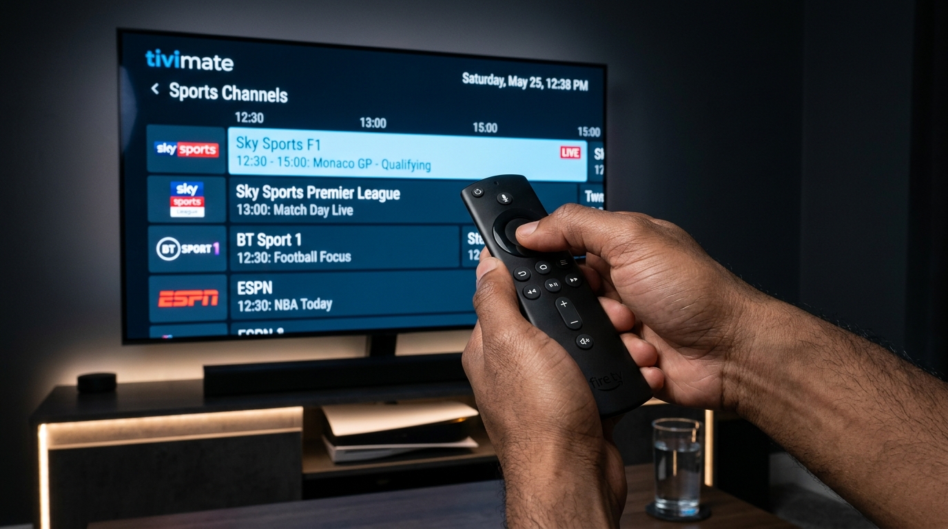 Hands holding Fire TV Stick 4K remote with TiviMate sports EPG guide on screen
