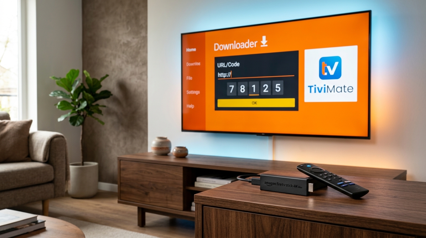 Amazon Fire TV Stick 4K Max remote on console table with smart TV displaying Downloader app code entry and TiviMate logo