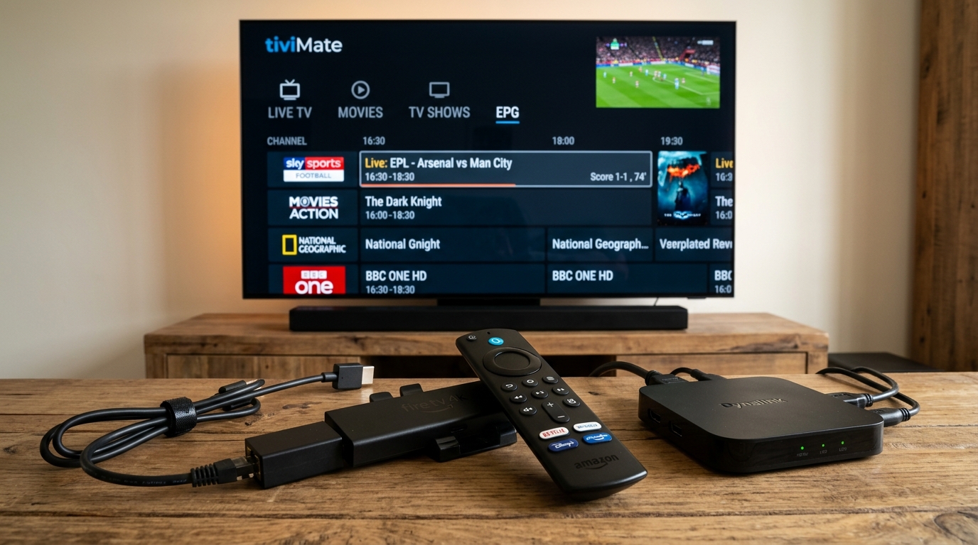 Amazon Fire TV Stick 4K Max, remote, and Android TV box connected to 4K television running TiviMate EPG guide