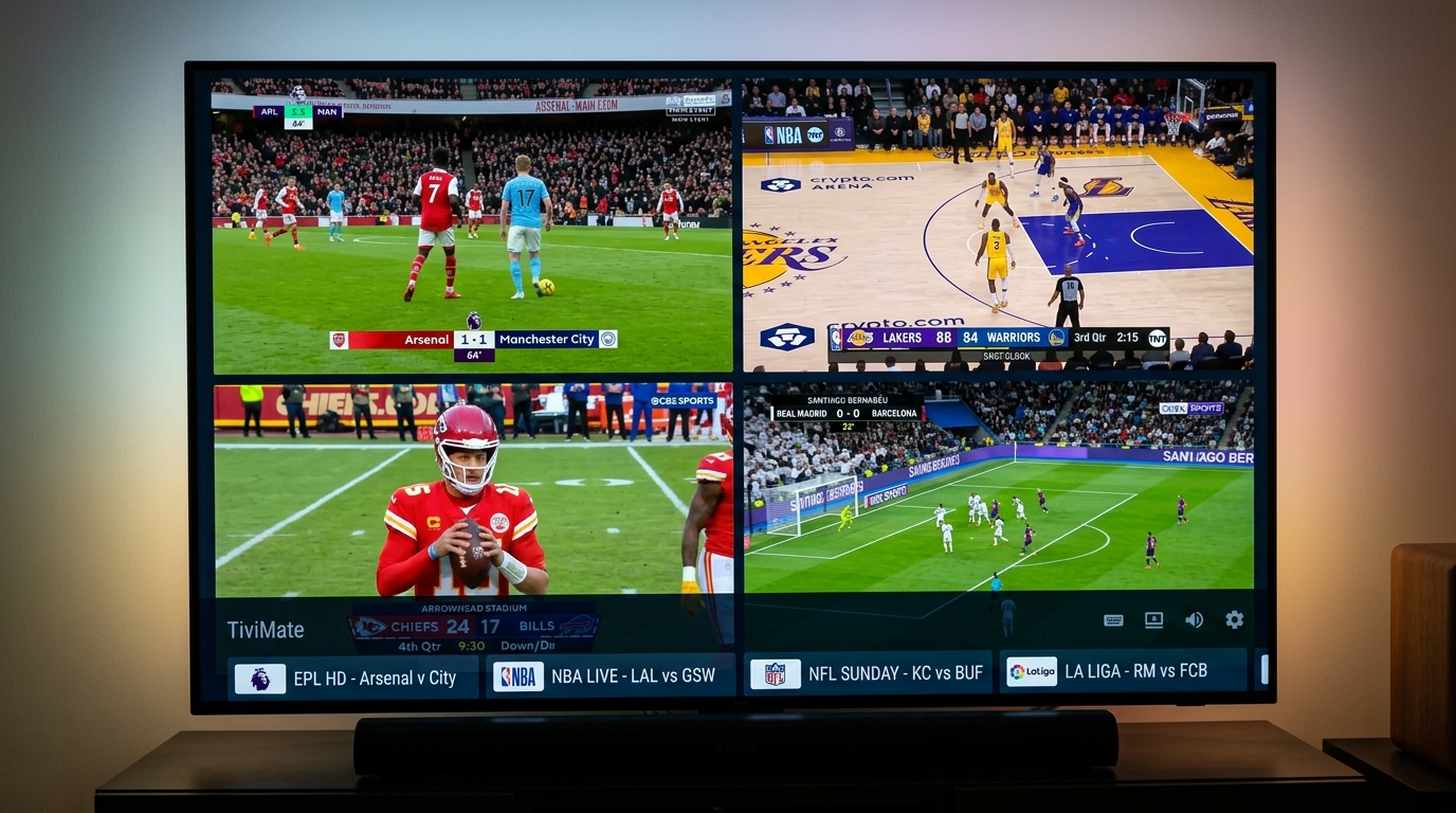 TiviMate multi-view streaming 4 live sports matches simultaneously on smart TV