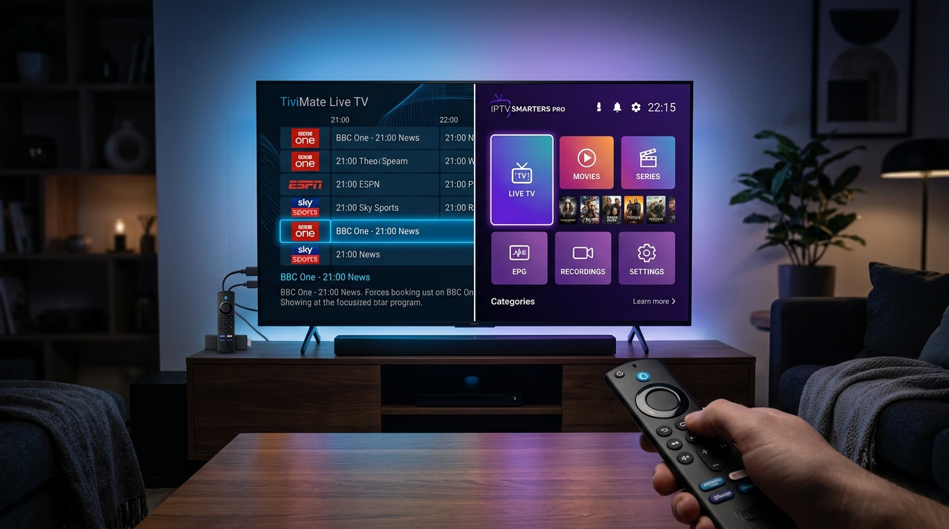 TiviMate vs IPTV Smarters Pro side-by-side on Amazon Firestick TV