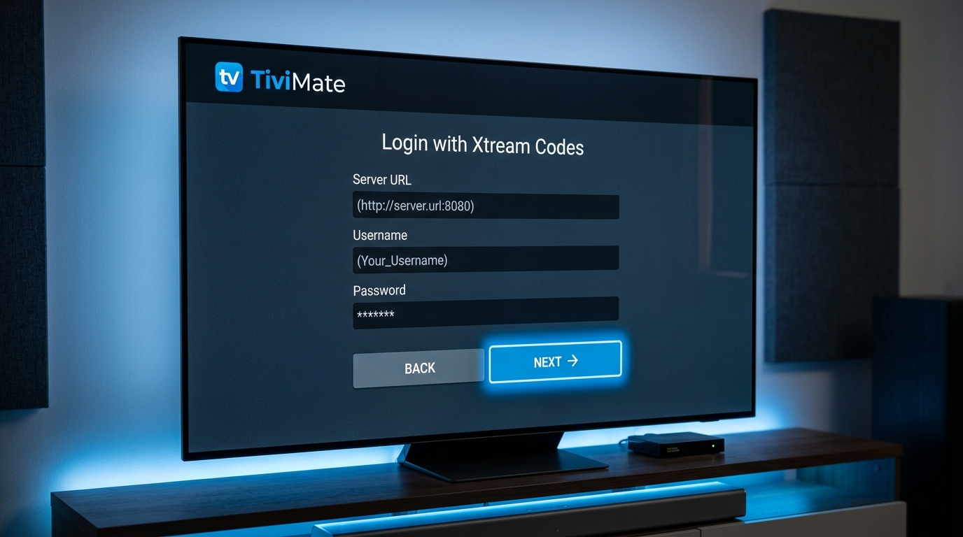 TiviMate Login with Xtream Codes setup screen showing Server URL, Username, and Password input fields on 4K television